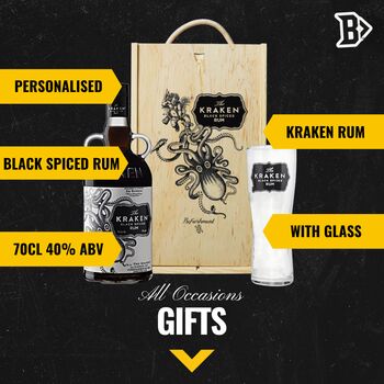 Personalised Kraken Black Spiced Rum Gift Box With Kraken Glass, 2 of 4