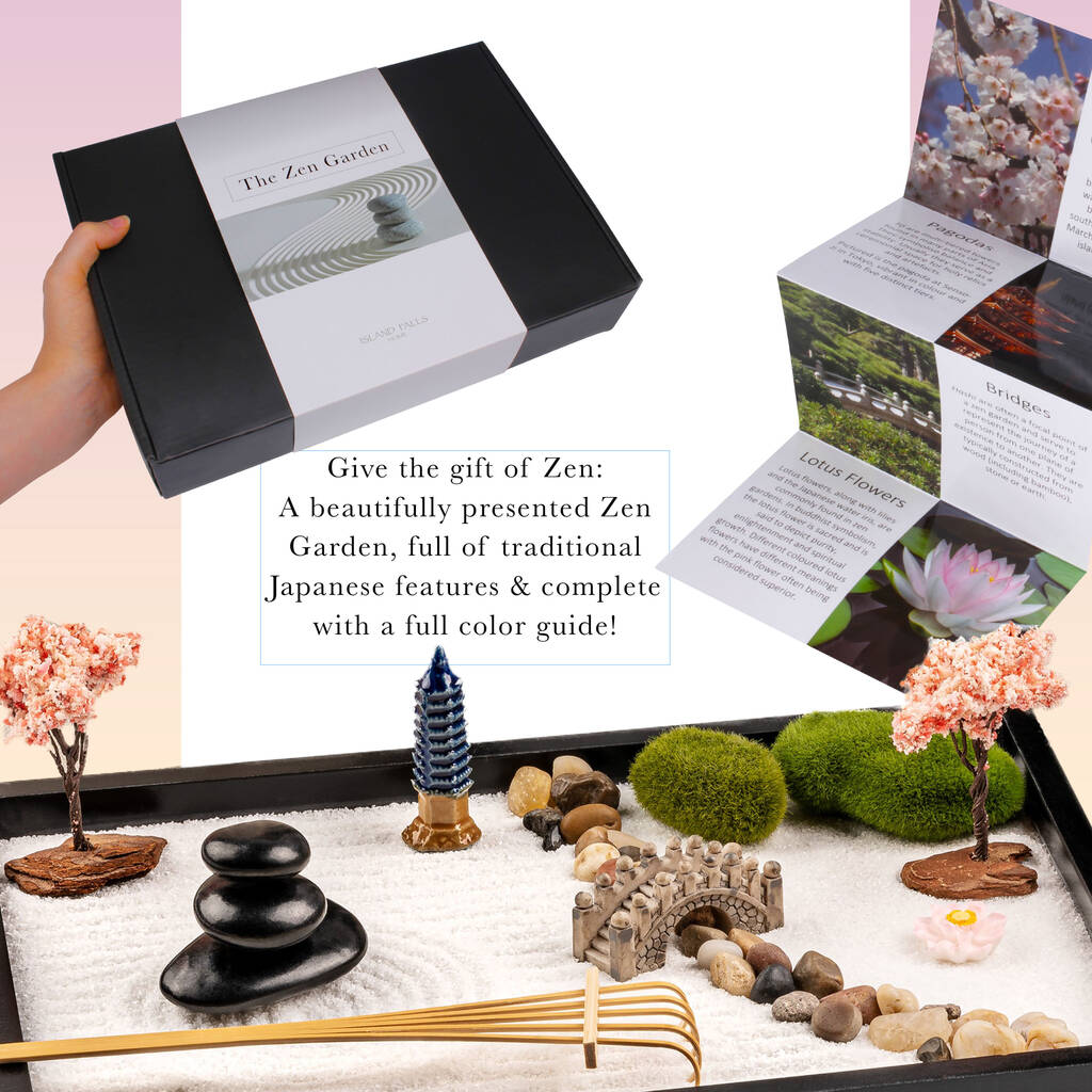 Zen Garden Kit for Desk Decor - Premium Beautiful Japanese Mini Sand Box  Set Home, Office with Black Wooden Tray, White Sand, Rake Tools Desktop