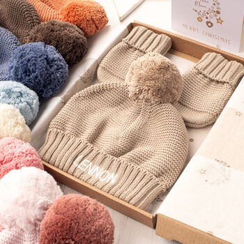 First Christmas Personalised Bobble Hat And Mittens Set, 8 of 12