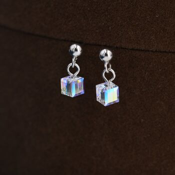 Aurora Borealis Cube Drop Stud Earrings Sterling Silver, 7 of 12
