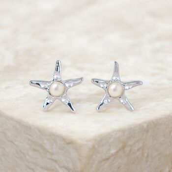 Sterling Silver And Pearl Starfish Stud Earrings, 2 of 9