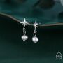 Starburst And Tiny Dangle Pearl Stud Earrings In Sterling Silver, thumbnail 1 of 10