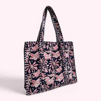 Navy And Pink Flower Quilted Cotton Tote Bag With Zip, 2 of 6