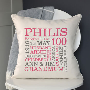 Personalised 100th Birthday Word Art Cushion, 5 of 9