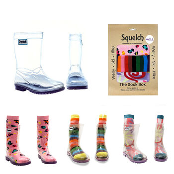 Squelch Transparent Wellies And Three Sock Set Leopard, 2 of 8
