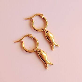 Handmade Fish Charm Gold Plated Hoop Earrings, 4 of 6