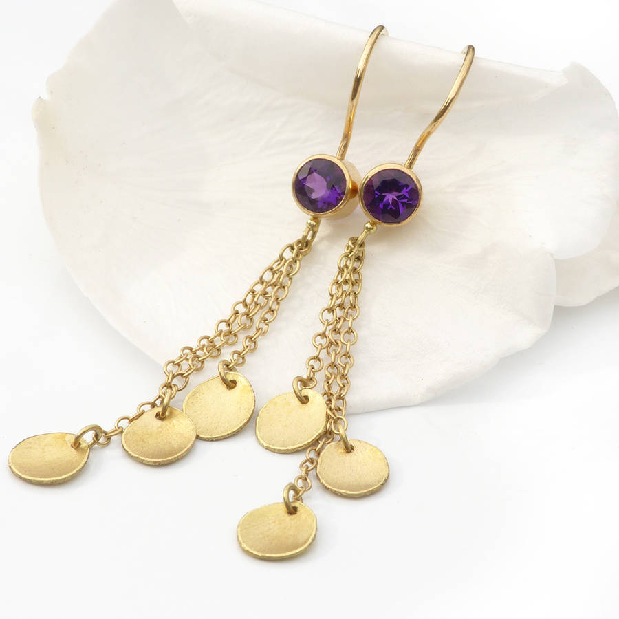 amethyst and petal drop earrings in 18ct gold by lilia nash jewellery