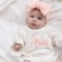 Personalised Embroidered Ruffle Detail Knitted Baby Romper Three Colours Available, thumbnail 1 of 12