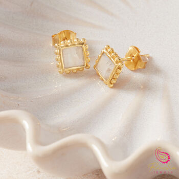 Gray Labradorite Gold Plated Beaded Edged Stud Earrings, 7 of 11