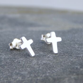 Unisex Sterling Silver Tiny Cross Stud Earrings, 3 of 7