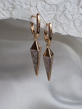 Rose Gold Geometric Cz Pave Spike Drop Earrings Rectangle Hoops, 2 of 10