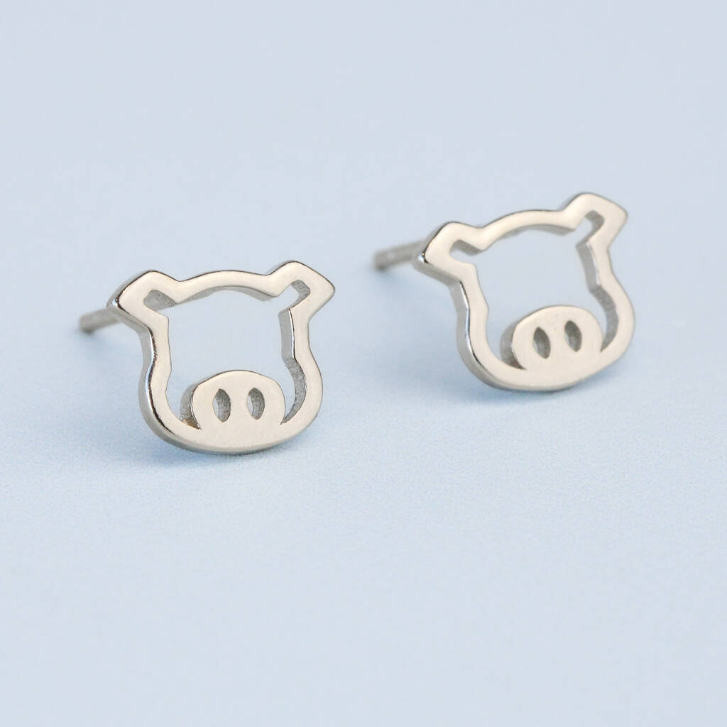 Sterling Silver Pig Face Stud Earrings, 1 of 5
