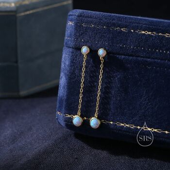 Double Blue Opal Dangle Chain Stud Earrings, 5 of 11