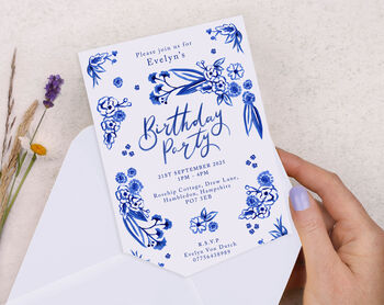 Personalised A6 Blue Floral Birthday Party Invitation, 2 of 3