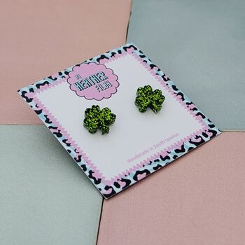 Green Clover Glitter Stud Earrings, 2 of 5