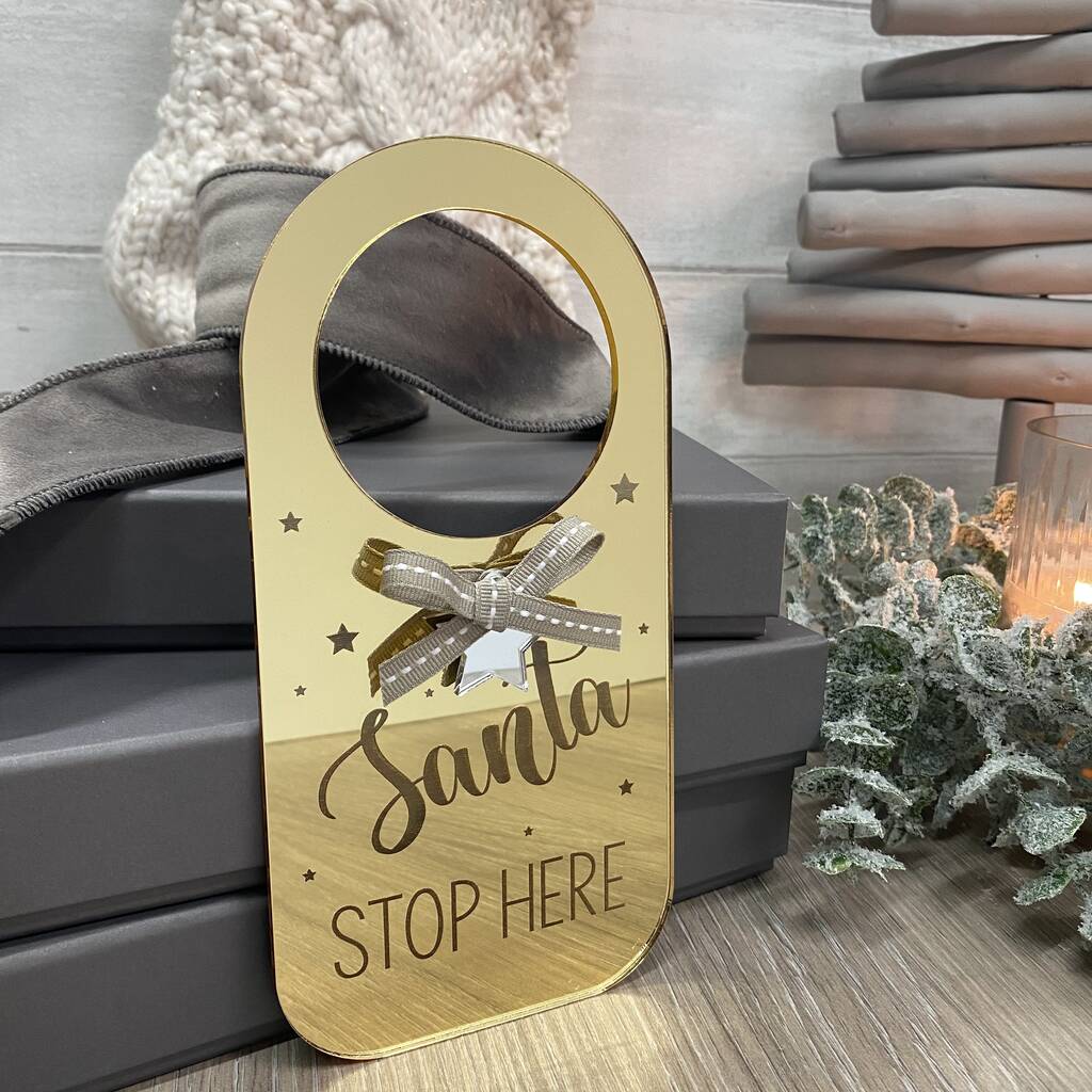 Gold Santa Stop Here Sign Personalised For Children, 1 of 10