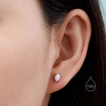 White Opal Droplet Stud Earrings In Sterling Silver, 7 of 11