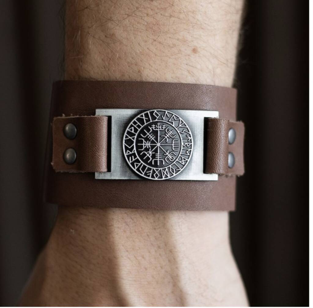 Mens Viking Compass Real Leather Cuff Bracelet, 1 of 5