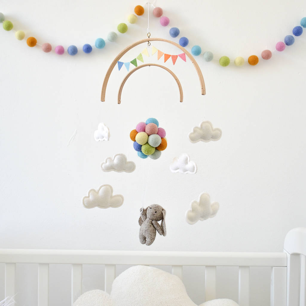 Bunny Flying With Rainbow Balloons Nursery Mobile, 1 of 11