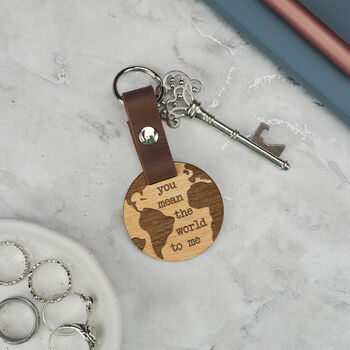 Engraved 'You Mean The World To Me' Wood Globe Keyring, 3 of 4