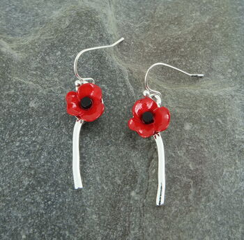 Poppy Red Flower On Stem Drop Earrings, 2 of 5