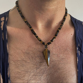 Mens Tigers Eye Arrow Head Crystal Pendant Necklace, 2 of 3