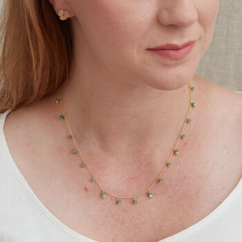 Emerald Beaded Silver Gold Plated Short Chain Necklace, 3 of 9