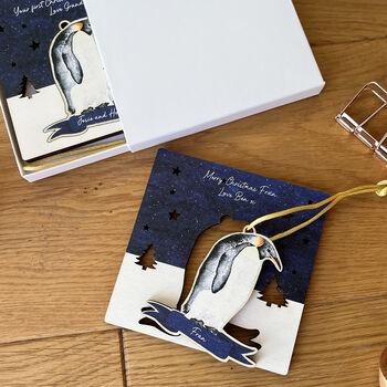 Penguin Personalised Wood Christmas Card And Bauble, 3 of 6