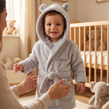 Baby Personalised Dressing Gown Grey Bear Ear By The Baby Box UK Baby Personalised Dressing Gown Grey Bear Ear By The Baby Box UK