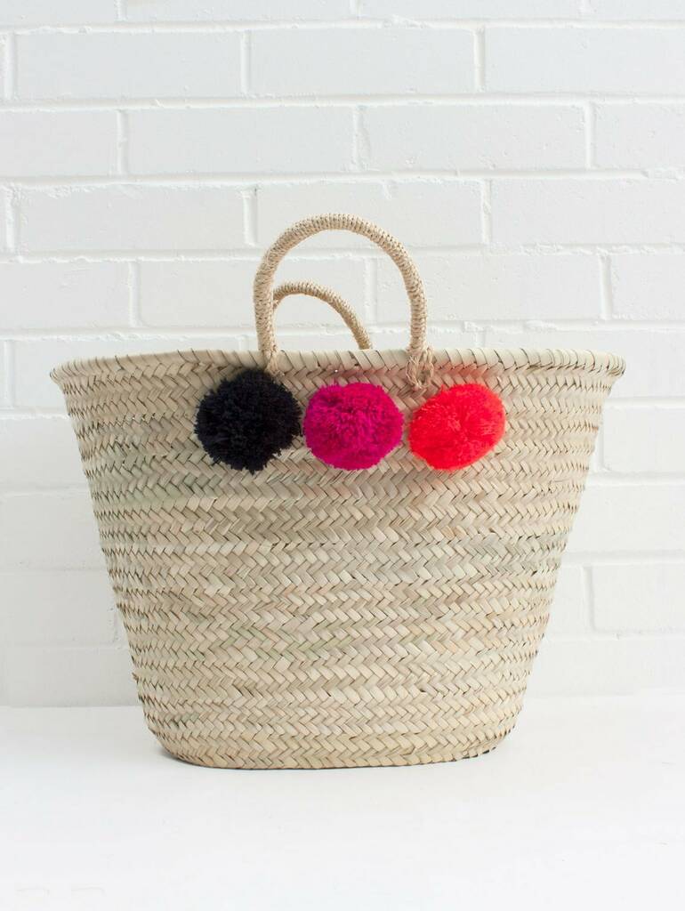 Multi Coloured Market Pom Pom Basket By Bohemia