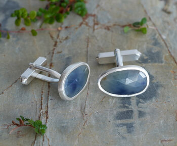 Natural Blue Sapphire Cufflinks In Solid Silver, 3 of 4