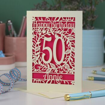Personalised 50th Birthday Card Papercut Flower Design, 7 of 7