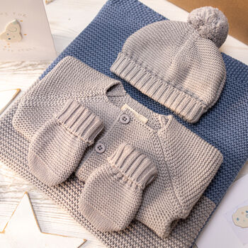 Boys Blue Blanket, Cardigan, Bobble Hat And Mittens, 3 of 12