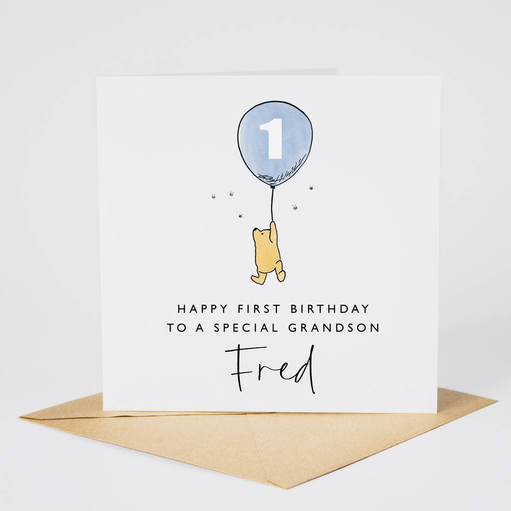 Personalised Winnie The Pooh Grandson 1st Birthday Card Blue Balloon *Age Options, 1 of 3