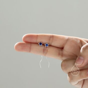 Sapphire Blue Star Bezel Cz Crystal Threader Earrings, 5 of 9