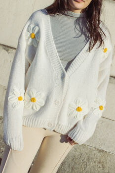 Cream White Crochet Applique Daisy Cardigan, 5 of 6