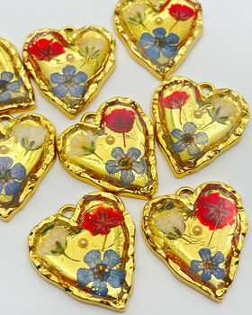 Real Blue Red Flowers Pendant Gold Leaf Earrings Hand Made, 8 of 9