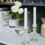 Pair Of Green Glass, Lace Edge Candlesticks, thumbnail 1 of 10