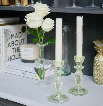 Pair Of Green Glass, Lace Edge Candlesticks, 4 of 9