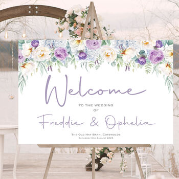 Wedding Welcome Sign Purple And White Florals By Ottie Design