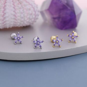 Amethyst Purple Cz Flower Barbell Earrings, 3 of 12