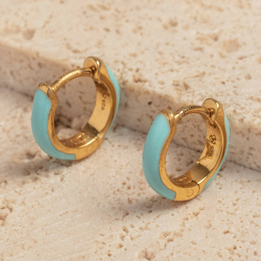 Turquoise Gold Vermeil Plated Huggie Hoop Earrings, 1 of 7