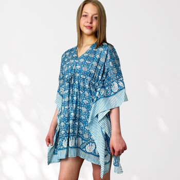Blue Floral 100% Cotton Beach Kaftan, 4 of 7
