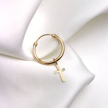 9ct Yellow Gold Cross Thick Single Hoop Earring, 3 of 4