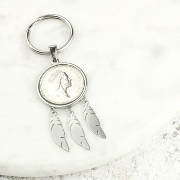 Personalised 30th Birthday Ten Pence Coin Keyring, A Feather For Every Decade, 6 of 7