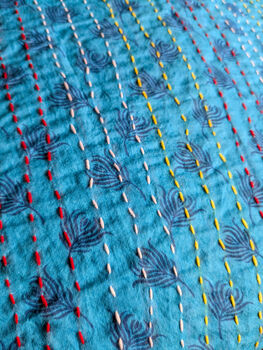 Blue Sari Cushion Cover With Kantha Stitch, 46cm Handmade Cotton, 5 of 7