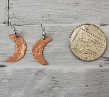 Copper Dangle Moon Earrings Handmade, 3 of 4