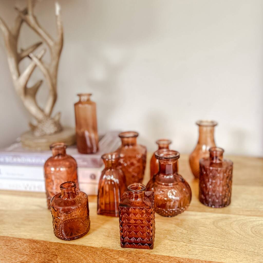 Set Of 10 Assorted Amber Glass Bottle Vases, 1 of 3