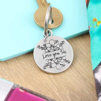 Gift For Sister Round Floral Pewter Keyring, 6 of 7