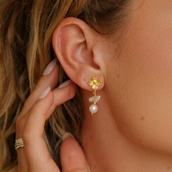 Pearl And Flower Gold Dangle Earrings, 2 of 7